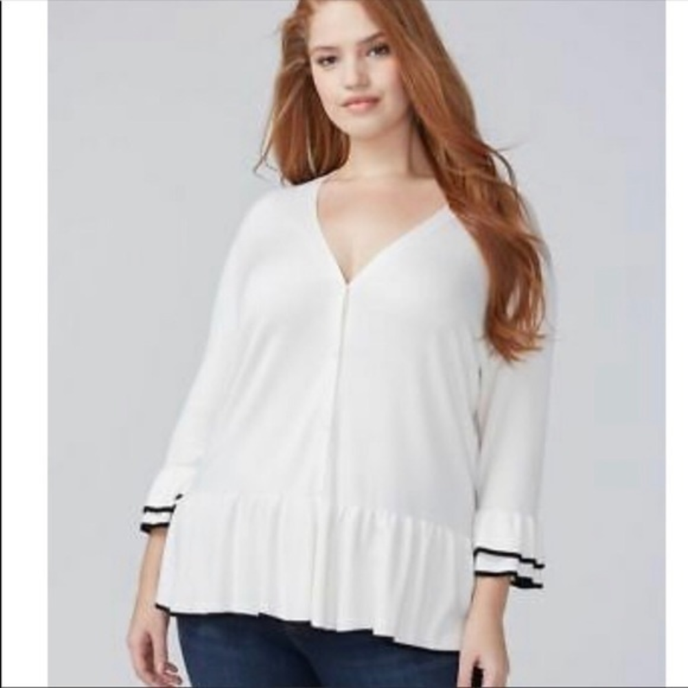 LANE BRYANT WHITE RUFFLE HEM CARDIGAN with‎ black trim